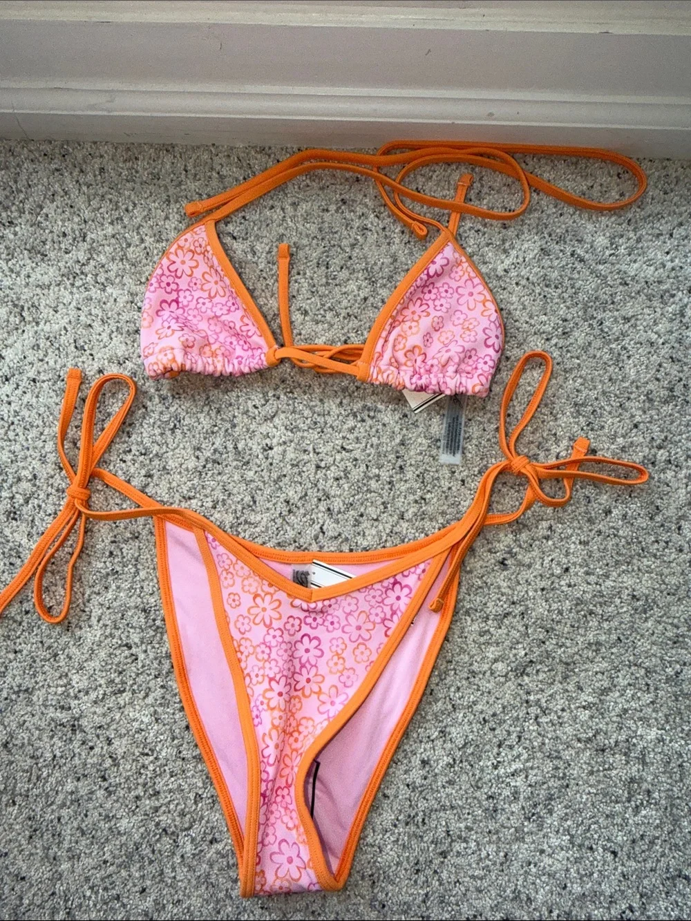 Frankie's Bikinis Pink Floral & Orange Trim Triangle Bikini